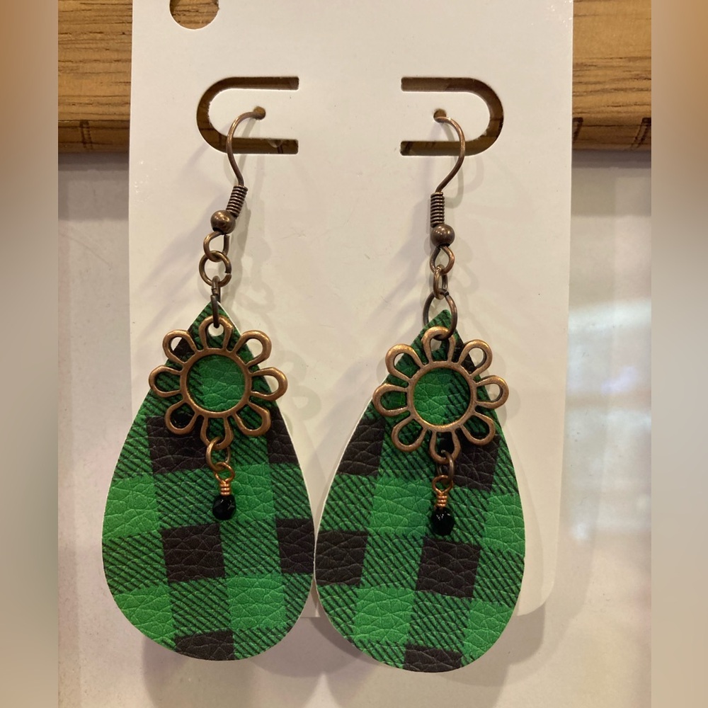 Plaid Green and Black Teardrop Earrings with Floral Accent